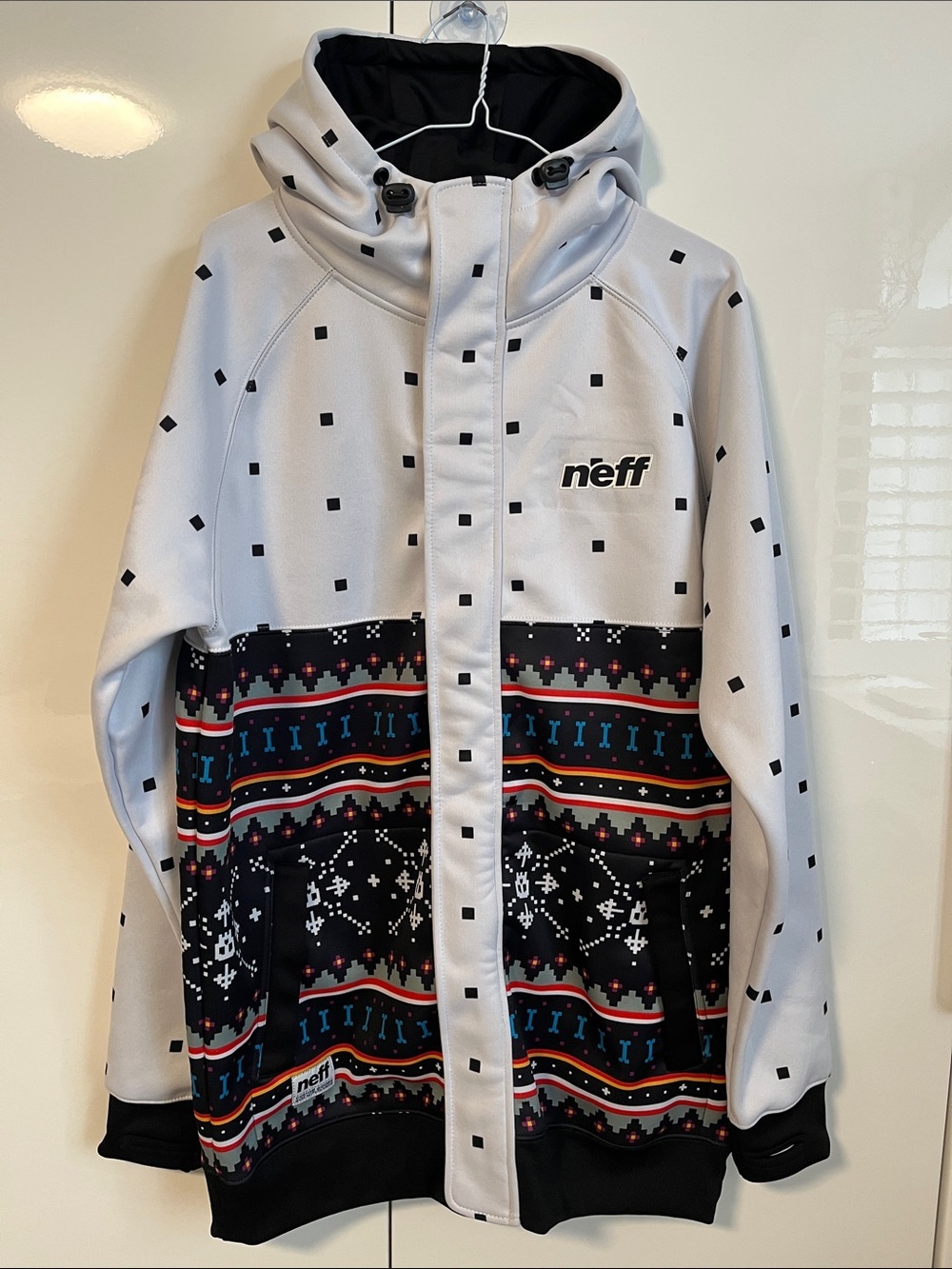 Neff White Hooded Jacket with Black Patterned Panel, Size L